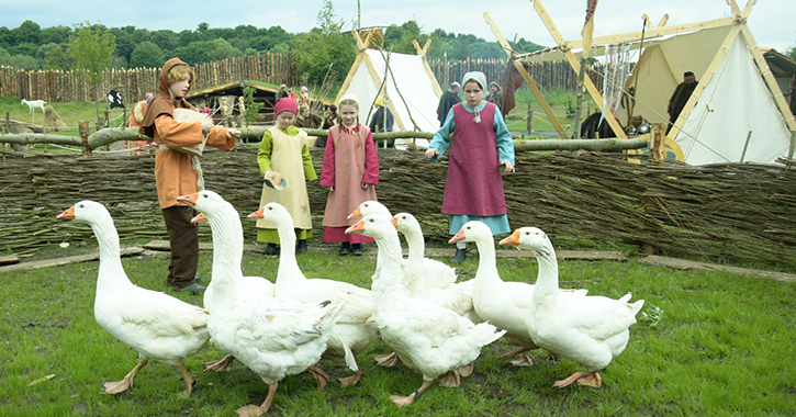 Children playing with the animals in the Viking Village at Kynren, County Durham